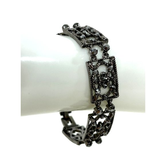Monet Women’s Fashion Bracelet Vtg. Marcasite Dark Silver Tone Rhinestones 7.25” - Picture 1 of 17